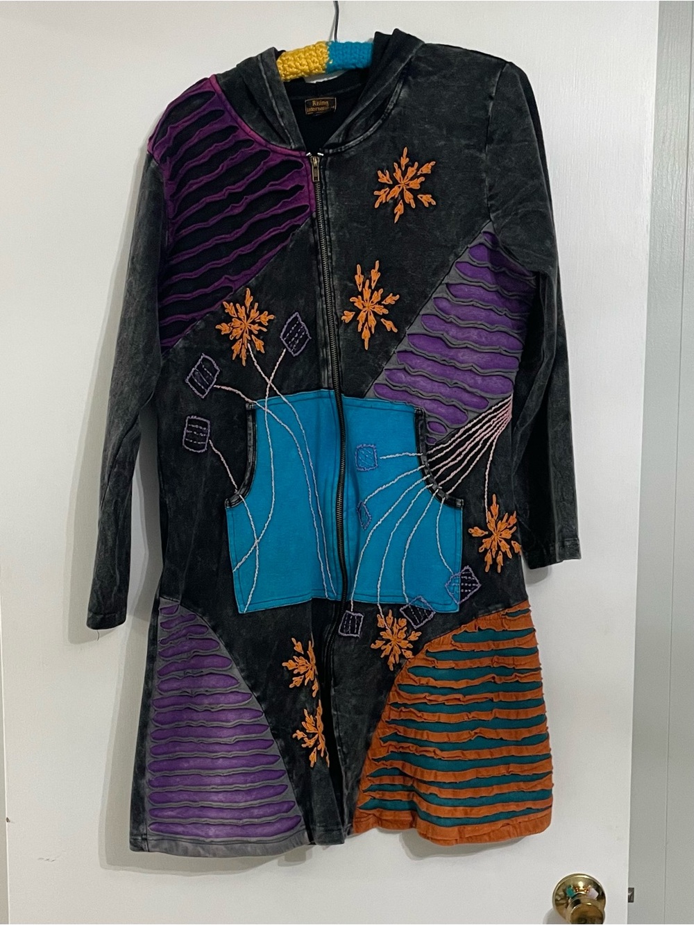 Boho Patchwork Hooded Coat - Black with Purple, Teal & Orange Accents